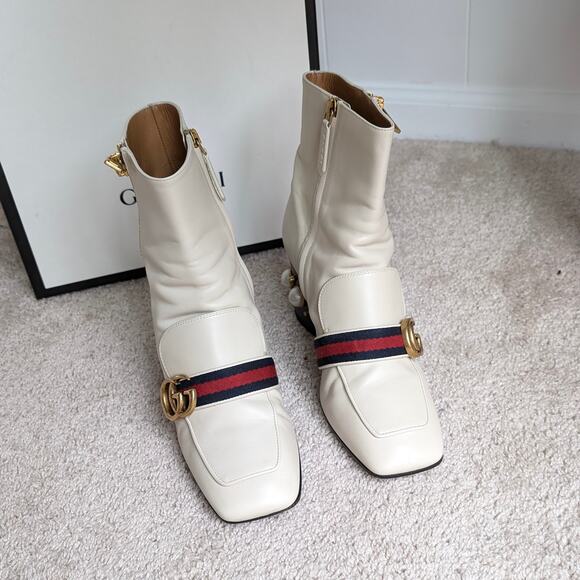 Gucci Marmont White Leather Logo Pearl Heel Embellished Ankle Boots, size US 8.5 - Picture 3 of 11